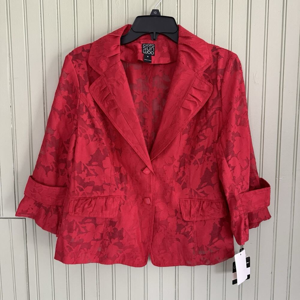 Clara Sunwoo Floral Lace Blazer Womens Small Red Sheer Ruffle Burnout Jacket New